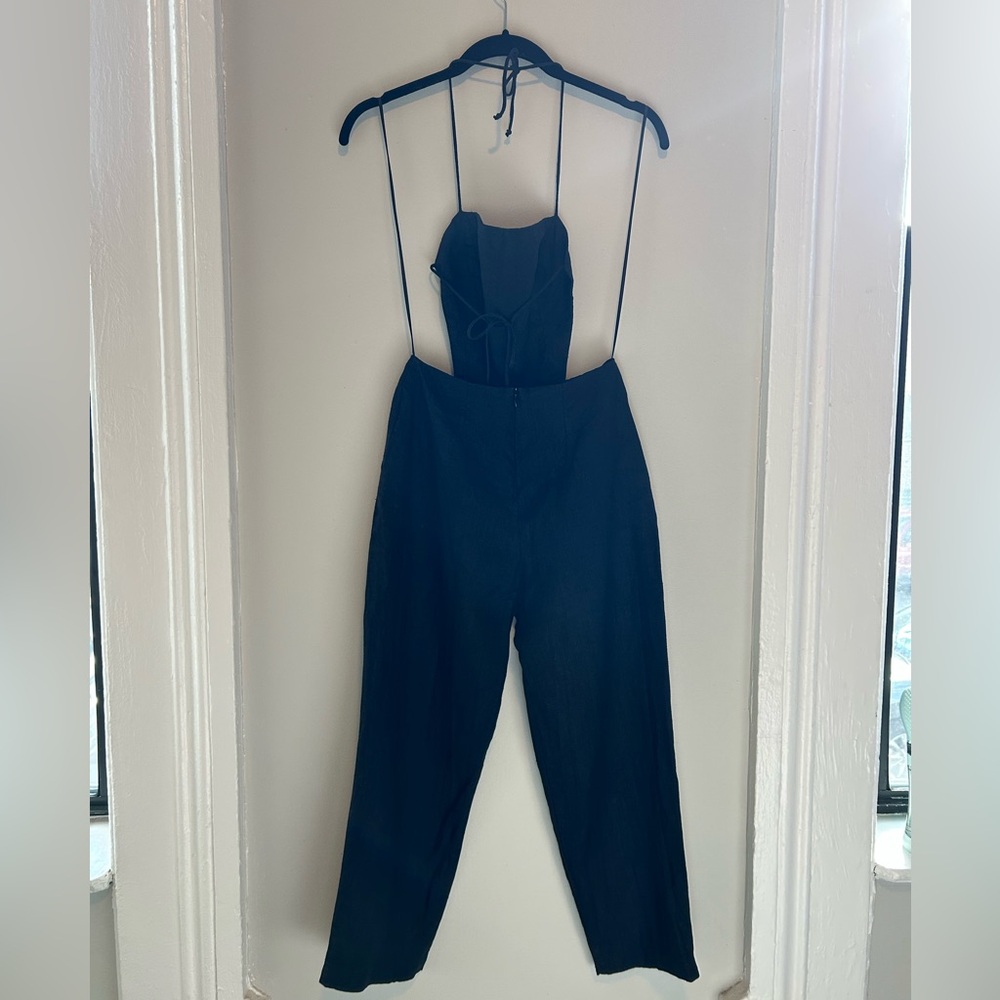 Reformation Black Linen Halter Apron Jumpsuit